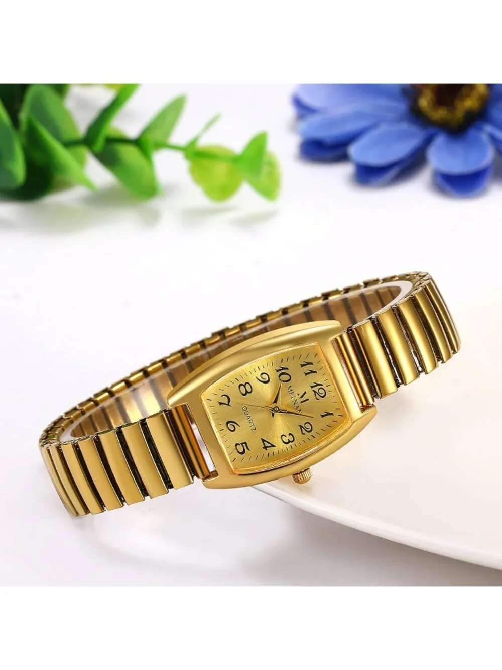 Women's All Gold Analog Quartz Big Dial Easy Reader Stretch Band Wrist Watch